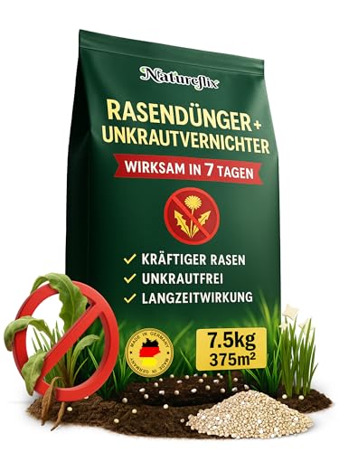 Natureflix Rasendünger mit Unkrautvernichter extra stark | 7,5kg für 375m² | 2-in-1 | Der Rasenunkrautvernichter vernichtet Klee, Löwenzahn & mehr | für dichten, grünen Rasen im Frühjahr & Sommer von Natureflix