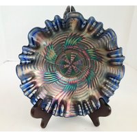 Antike 9" Fenton Amethyst Blau Karneval Glas 3 in 1 Rand Band Low Bowl von NaturelandCandles