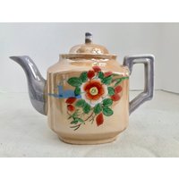 Lusterware Japan Orange Und Blau Von Hand Bemalt Floral 4 Tasse Teekanne von NaturelandCandles
