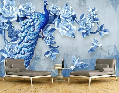 Fototapete 3D Effekt Cameo Style Blauer Pfau Pfingstrose Tapeten 3D Effekt Vliestapete Wohnzimmer Schlafzimmer Wandbilder Wanddeko von Naturempress