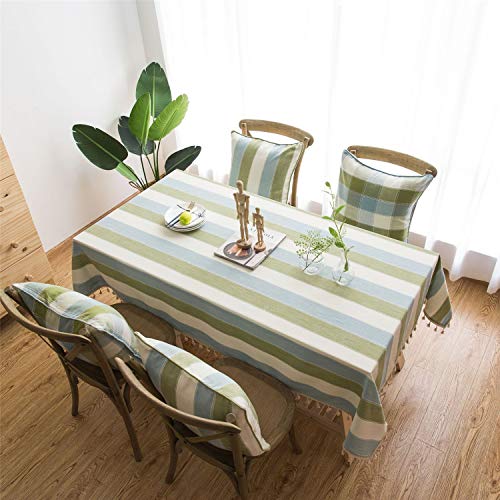 Minimalistische Streifen Tischdecke Stoff Tischtuch im mediterranen Stil Frische und kunstvolle Tischdecken aus Baumwolle Leinen und Quasten Rechteckige Couchtisch Tischdecken 100x140 cm (Grün) von Naturer