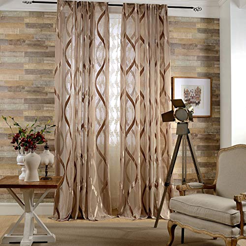 Naturer Braun 2er Set Vorhang Wohnzimmer Transparent 225x140 Lang Welligkeit Stickerei Muster Landhausstil Tüll Gardinen Durchsichtig Kräuselband Fenstervorhang Dekoschal Wohnzimmer Schlafzimmer von Naturer