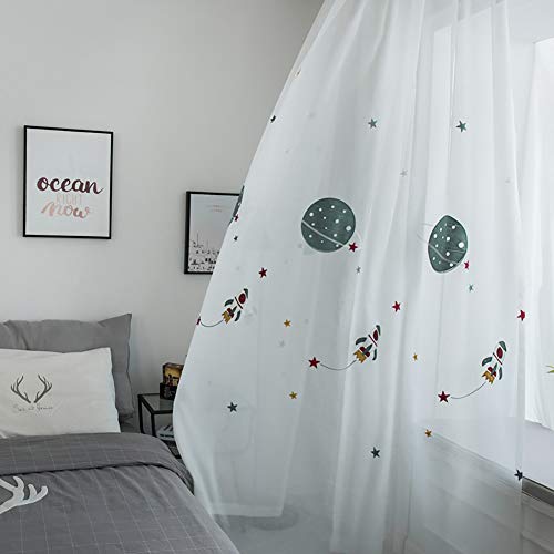 Naturer Sterne Vorhang Transparent Kinderzimmer Junge 2er Set 160x140 Stickerei Planet Weltraum Muster Voile Gardinen Kräuselband Gardinenschals Deko von Naturer
