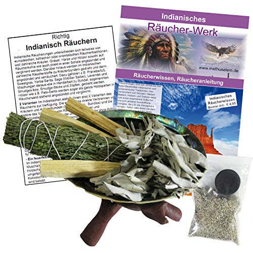 11-TLG Smudge Kit Räucherset Abalone Räuchermuschel (13-16cm) & Ständer + Palo Santo Sticks + Zeder + Sage Salbei zum Räuchern + Anleitung + Zubehör. 81215-4 von Naturheilmittel Heilsteine Methusalem GmbH Neu-Ulm