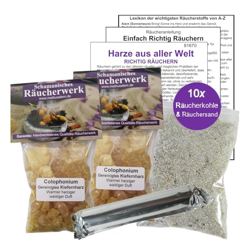 2 x 50ml Kiefernharz Kolophonium Balsamharz zum räuchern für Rauhnächte, Hausreinigung - gereinigtes Harz aus Portugal. 6-TLG Räucherset mit Räucherkohle, Räucherzubehör. 81670-54 von Naturheilmittel Heilsteine Methusalem GmbH Neu-Ulm