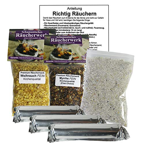 Räuchern Starterset mit Weihrauch & Myrrhe für Rauhnächte & Hausreinigung 8-TLG Set mit Räucherkohle + Räuchersand + Räucheranleitung + Lexikon der Räucherstoffe. 81116-10 von Naturheilmittel Heilsteine Methusalem GmbH Neu-Ulm