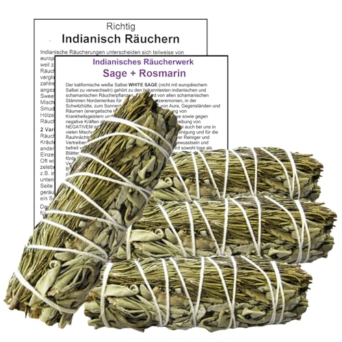 Weißer Salbei & ROSMARIN zum Räuchern 4 x Smudge Sticks 10-12cm Räucherbündel. SCHAMANISCHES Räucherwerk für Schutz, Hausreinigung, Rauhnächte mit Anleitung 95470-4 von Naturheilmittel Heilsteine Methusalem GmbH Neu-Ulm