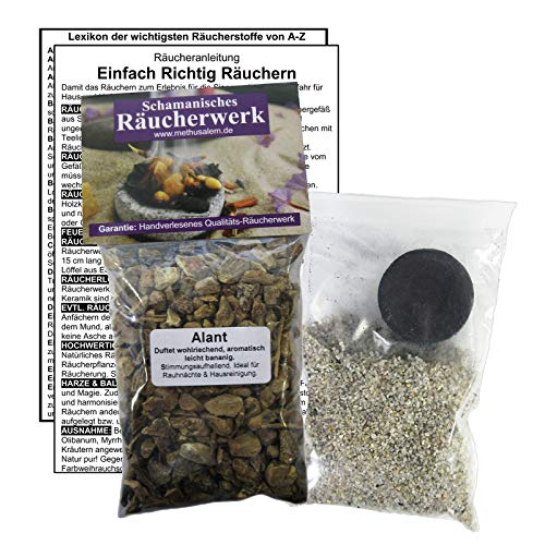ALANT Alantwurzel zum RÄUCHERN. 5-TLG Räucherset - 60ml Räucherwerk mit Räucherkohle (1x) + Räuchersand + Räucheranleitung + Lexikon der wichtigsten Räucherstoffe A-Z. 82060-2 von Naturheilmittel Heilsteine Methusalem GmbH Neu-Ulm