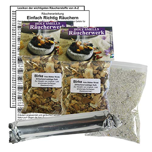 BIRKE Holz Blätter Rinde zum RÄUCHERN. 15-TLG Räucherset - 2X 60ml Räucherwerk mit Räucherkohle (10x) + Räuchersand + Räucheranleitung + Lexikon der wichtigsten Räucherstoffe A-Z. 82060-XX9 von Naturheilmittel Heilsteine Methusalem GmbH Neu-Ulm