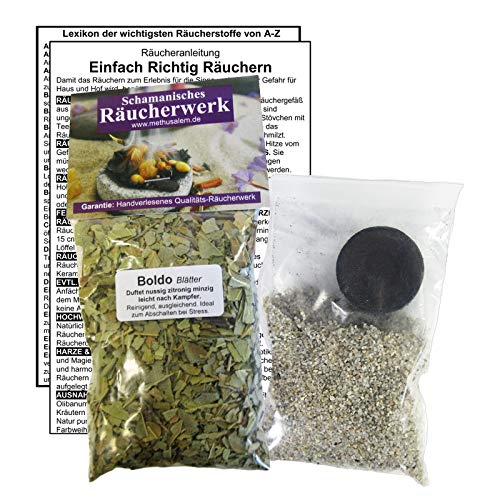 Boldo Boldoblätter zum RÄUCHERN. 5-TLG Räucherset - 60ml Räucherwerk mit Räucherkohle (1x) + Räuchersand + Räucheranleitung + Lexikon der wichtigsten Räucherstoffe A-Z. 82060-10 von Naturheilmittel Heilsteine Methusalem GmbH Neu-Ulm