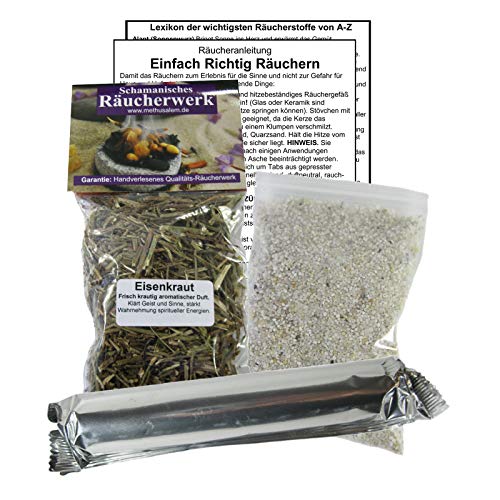 EISENKRAUT Vervain Traumkraut zum RÄUCHERN. 14-TLG Räucherset - 60ml Räucherwerk mit Räucherkohle (1x) + Räuchersand + Räucheranleitung + Lexikon der wichtigsten Räucherstoffe A-Z. 82060-X15 von Naturheilmittel Heilsteine Methusalem GmbH Neu-Ulm