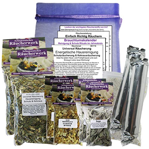 ENERGETISCHE HAUSREINIGUNG + SCHUTZRÄUCHERUNG + KEHRAUSRÄUCHERUNG. 14-TLG Universal Räucherset. 6 x Räucherwerk mit Salbei Sage Weihrauch Olibanum Myrrhe UVM. 8 x ZUBEHÖR, Räucherkohle. 81716-X4 von Naturheilmittel Heilsteine Methusalem GmbH Neu-Ulm