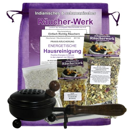 Räuchern GEGEN Negative Energie [energetische HAUSREINIGUNG] 7-TLG Set mit RÄUCHERMISCHUNG + WEIHRAUCH & MYRRHE, Räucherpfanne, Räucherkohle, Räucheranleitung, Täschchen [10 x räuchern] 81194-P von MyTobaQ