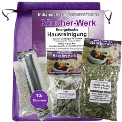 ENERGETISCHE HAUSREINIGUNG 6-TLG Set mit weißer Salbei zum räuchern und Negative Energie ausräuchern für Haus, Wohnung, Praxis. 2X Räuchermischungen, Räucherkohle, ZUBEHÖR, Täschchen 81043SA von Naturheilmittel Heilsteine Methusalem GmbH Neu-Ulm