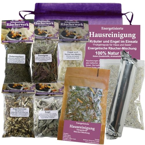 Energetische HAUSREINIGUNG räuchern 9-TLG RÄUCHER-Set mit weißer Salbei + Kopalharz + Sweetgrass + Zeder + Angelika + Räucherkohle + Anleitung [Kräuter & Engel] + ZUBEHÖR + TÄSCHCHEN 81068-H von MyTobaQ