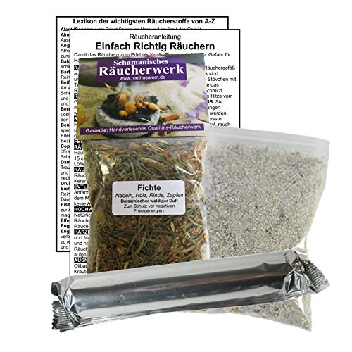 FICHTE Holz Nadeln Zapfen zum RÄUCHERN. 14-TLG Räucherset - 60ml Räucherwerk mit Räucherkohle (10x) + Räuchersand + Räucheranleitung + Lexikon der wichtigsten Räucherstoffe A-Z. 82060-X20 von Naturheilmittel Heilsteine Methusalem GmbH Neu-Ulm