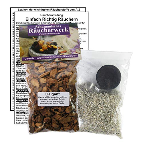 GALGANT Galgantwurzel zum RÄUCHERN. 5-TLG Räucherset - 60ml Räucherwerk mit Räucherkohle (1x) + Räuchersand + Räucheranleitung + Lexikon der wichtigsten Räucherstoffe A-Z. 82060-22 von Naturheilmittel Heilsteine Methusalem GmbH Neu-Ulm