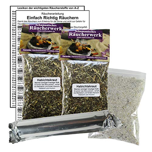 HABICHTSKRAUT zum RÄUCHERN. 15-TLG Räucherset - 2X 60ml Räucherwerk mit Räucherkohle (10x) + Räuchersand + Räucheranleitung + Lexikon der wichtigsten Räucherstoffe A-Z. 82060-XX24 von Naturheilmittel Heilsteine Methusalem GmbH Neu-Ulm