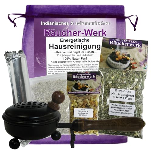 AUSRÄUCHERN von negativer Energie aus Haus & Wohnung 7-TLG Räucher-Set mit WEIHRAUCH + Salbei + MYRRHE + Räucherpfanne + Räucherkohle + Räucherzubehör für energetische HAUSREINIGUNG 81043W-P von MyTobaQ