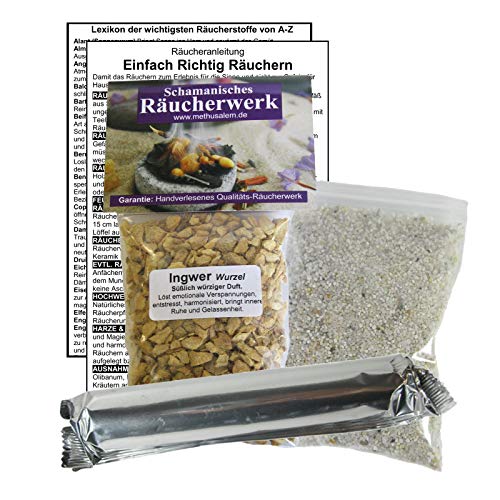 INGWER Ingwerwurzel zum RÄUCHERN. 14-TLG Räucherset - 60ml Räucherwerk mit Räucherkohle (10x) + Räuchersand + Räucheranleitung + Lexikon der wichtigsten Räucherstoffe A-Z. 82060-X28 von Naturheilmittel Heilsteine Methusalem GmbH Neu-Ulm