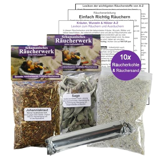 JOHANNISKRAUT (Hexenkraut) & weißer Salbei zum räuchern 2 x 60ml Räucherwerk 6-TLG Räucher-Set mit Räucherwerk für Hausreinigung & Rauhnächte inkl Räucherkohle + ZUBEHÖR. 81890-36 von Naturheilmittel Heilsteine Methusalem GmbH Neu-Ulm