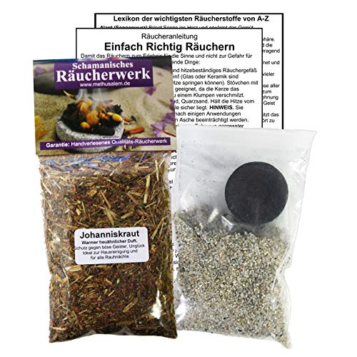 JOHANNISKRAUT Hexenkraut zum RÄUCHERN. 5-TLG Räucherset - 60ml Räucherwerk mit Räucherkohle (1x) + Räuchersand + Räucheranleitung + Lexikon der wichtigsten Räucherstoffe A-Z. 82060-32 von Naturheilmittel Heilsteine Methusalem GmbH Neu-Ulm