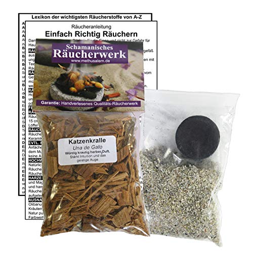 KATZENKRALLE UNA de Gato zum RÄUCHERN. 5-TLG Räucherset - 60ml Räucherwerk mit Räucherkohle (1x) + Räuchersand + Räucheranleitung + Lexikon der wichtigsten Räucherstoffe A-Z. 82060-36 von Naturheilmittel Heilsteine Methusalem GmbH Neu-Ulm