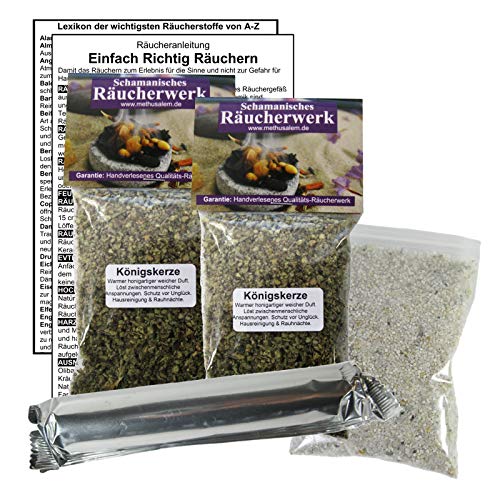 KÖNIGSKERZE BLÄTTER zum RÄUCHERN. 15-TLG Räucherset - 2X 60ml Räucherwerk + Räucherkohle (10x) + Räuchersand + Räucheranleitung + Lexikon der Räucherstoffe A-Z. 82060-XX39 von Naturheilmittel Heilsteine Methusalem GmbH Neu-Ulm