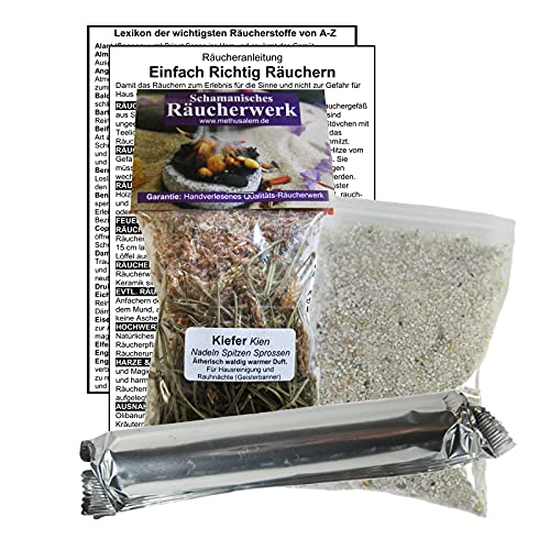 Kiefer Kien (Nadeln, Spitzen, Sprossen) zum RÄUCHERN. 14-TLG Räucherset - 60ml Räucherwerk mit Räucherkohle (10x) + Räuchersand + Räucheranleitung. 82060-X38 von Naturheilmittel Heilsteine Methusalem GmbH Neu-Ulm