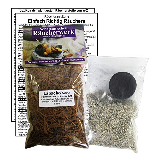 LAPACHO Rinde Zauberkraut zum RÄUCHERN. 5-TLG Räucherset - 60ml Räucherwerk mit Räucherkohle (1x) + Räuchersand + Räucheranleitung + Lexikon der wichtigsten Räucherstoffe A-Z. 82060-43 von Naturheilmittel Heilsteine Methusalem GmbH Neu-Ulm