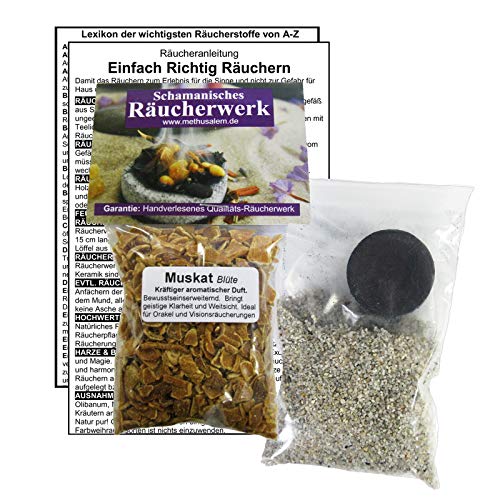 Muskat Muskatblüte Macisblüte zum RÄUCHERN. 5-TLG Räucherset - 30ml Räucherwerk mit Räucherkohle (1x) + Räuchersand + Räucheranleitung + Lexikon der wichtigsten Räucherstoffe A-Z. 82060-54 von Naturheilmittel Heilsteine Methusalem GmbH Neu-Ulm