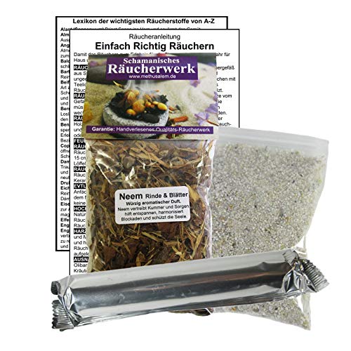 NEEM Niem Rinde & Blätter zum RÄUCHERN. 14-TLG Räucherset - 60ml Räucherwerk mit Räucherkohle (10x) + Räuchersand + Räucheranleitung + Lexikon der wichtigsten Räucherstoffe A-Z. 82060-X58 von Naturheilmittel Heilsteine Methusalem GmbH Neu-Ulm