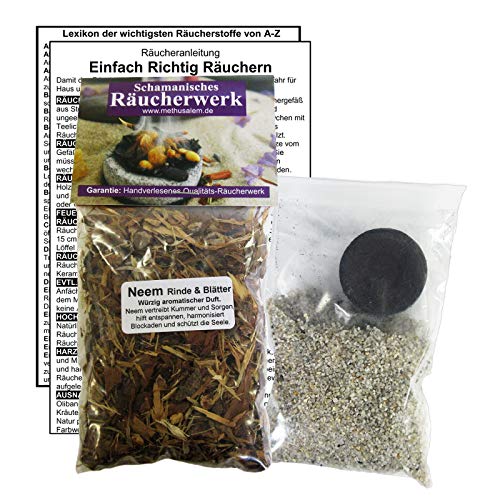 NEEM Niem Rinde & Blätter zum RÄUCHERN. 5-TLG Räucherset - 60ml Räucherwerk mit Räucherkohle (1x) + Räuchersand + Räucheranleitung + Lexikon der wichtigsten Räucherstoffe A-Z. 82060-58 von Naturheilmittel Heilsteine Methusalem GmbH Neu-Ulm