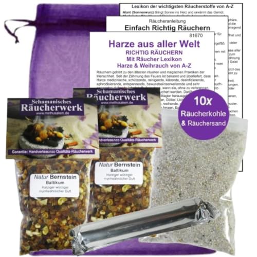 Bernstein zum räuchern 2X 50ml 100% Naturbernstein Räucherwerk [Gold des NORDENS] REINES Harz 6-TLG Räucherset Reinigung und Schutzräucherung, Räucherkohle, Räuchersand, Täschchen. 81670-29 von MyTobaQ