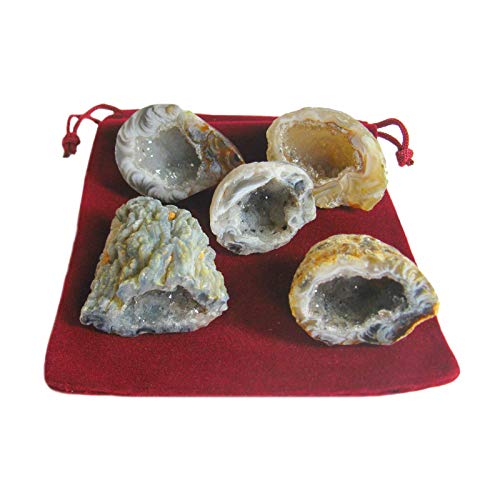 Naturheilmittel Heilsteine Methusalem GmbH Neu-Ulm Feen-Garten Achat Geode 11-teiliges Set M. 5 x ECHTE polierte Kristall-Drusen a je ca. 2,5-3 cm mit 5 x Beschreibungen + Täschchen. 60020 von Naturheilmittel Heilsteine Methusalem GmbH Neu-Ulm