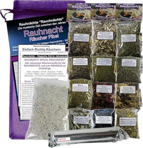 RAUHNÄCHTE Räuchern & Ausräuchern 18-TLG. Ritualset 12x Räucherwerk für Jede Rauhnacht mit SAGE + WEIHRAUCH + MYRRHE + Styrax UVM. 6X ZUBEHÖR mit Rauhnacht-Fibel. 81900-16 von MyTobaQ