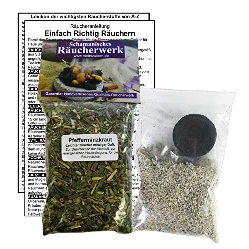PFEFFERMINZ Blätter 60ml zum räuchern (Allgäu). 4-TLG Räucherset. Räucherwerk mit Räucherkohle (1x) + Räuchersand + Räucheranleitung + Lexikon der Räucherstoffe A-Z 82060-64 von Naturheilmittel Heilsteine Methusalem GmbH Neu-Ulm