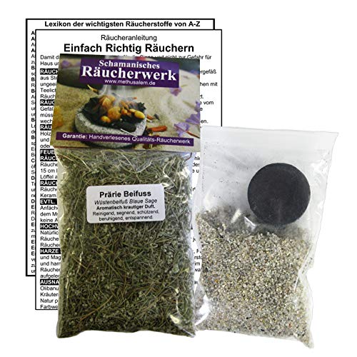 PRÄRIE-BEIFUSS Blauer Salbei zum RÄUCHERN. 5-TLG Räucherset - 60ml Räucherwerk mit Räucherkohle (1x) + Räuchersand + Räucheranleitung + Lexikon der wichtigsten Räucherstoffe A-Z. 82060-66 von Naturheilmittel Heilsteine Methusalem GmbH Neu-Ulm