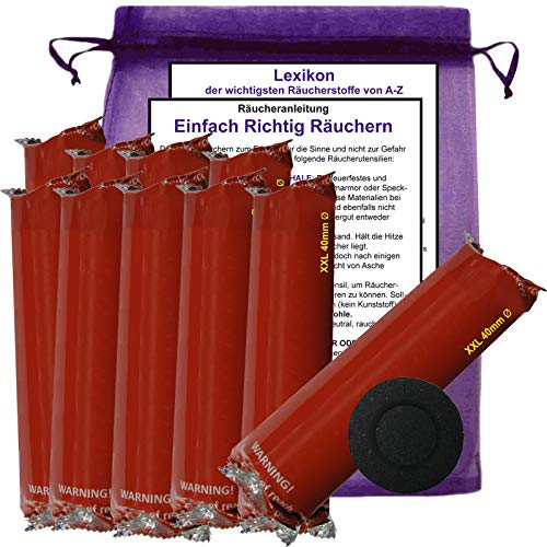RÄUCHERKOHLE groß 40mm ∅ Premium 100x Schnellzünder rauchfrei rußfrei Tabletten zum RÄUCHERN für JEDES Räucherwerk. 10 Rollen mit Räucheranleitung und Stofftäschchen 95840-KL10 von Naturheilmittel Heilsteine Methusalem GmbH Neu-Ulm