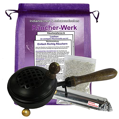 RÄUCHERPFANNE & WEIHRAUCHBRENNER 21cm mit Griff 7-TLG Set zum AUSRÄUCHERN für Räucherwerk. Räuchergefäß, Räucherschale, Räucherstövchen & Räucherstäbchenhalter in EINEM mit ZUBEHÖR. 3165G-1 von Naturheilmittel Heilsteine Methusalem GmbH Neu-Ulm