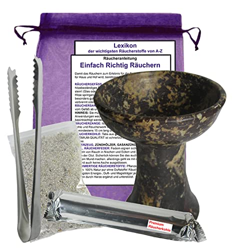 RÄUCHERSET Starterpaket mit RÄUCHERKELCH & ZUBEHÖR zum AUSRÄUCHERN 6-TLG mit 12x9cm Räuchergefäß + Räucherkohle + Räucherzange + Räuchersand + Beschreibung + Täschchen. 4436-BZ von Naturheilmittel Heilsteine Methusalem GmbH Neu-Ulm