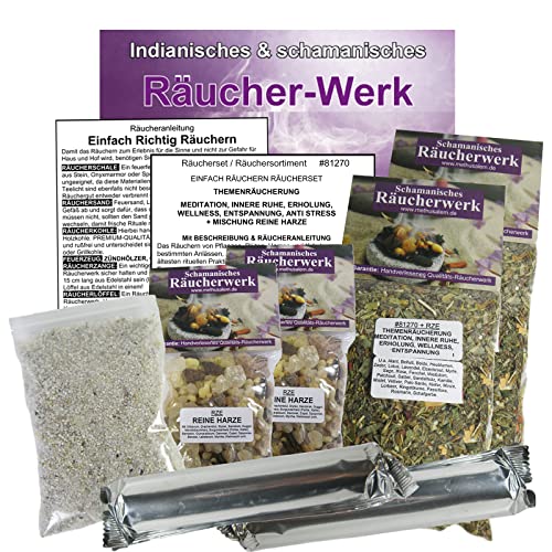 RÄUCHERWERK 9-TLG Räucherset THEMENRÄUCHERUNG Meditation, INNERE Ruhe, ERHOLUNG, Wellness, ENTSPANNUNG. 4 x Räuchermischungen, ZUBEHÖR, Anleitung. 81270-X4 von Naturheilmittel Heilsteine Methusalem GmbH Neu-Ulm