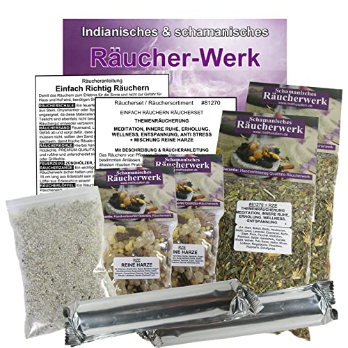 RÄUCHERWERK 9-TLG Räucherset THEMENRÄUCHERUNG Meditation, INNERE Ruhe, ERHOLUNG, Wellness, ENTSPANNUNG, Anti Stress. 4 x Räuchermischungen, ZUBEHÖR, Anleitung. 81270-X4 von Naturheilmittel Heilsteine Methusalem GmbH Neu-Ulm