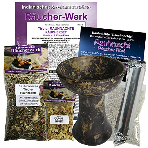 RAUHNÄCHTE Räucherwerk 8-TLG Set Tiroler RAUHNACHT + RÄUCHERKELCH, WEIHRAUCH, MYRRHE, Anleitung, Räucherkohle, Zubehör, Täschchen 95740-KB von OELKO