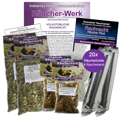 Naturheilmittel Heilsteine Methusalem Neu-Ulm RAUHNÄCHTE 10-TLG Räucherset zum AUSRÄUCHERN. Räuchermischung mit Weihrauch + Styrax Myrrhe UVM.4X Räuchermischung,6X ZUBEHÖR Rauhnachtfibel,81268 RWR-X4 von Naturheilmittel Heilsteine Methusalem GmbH Neu-Ulm