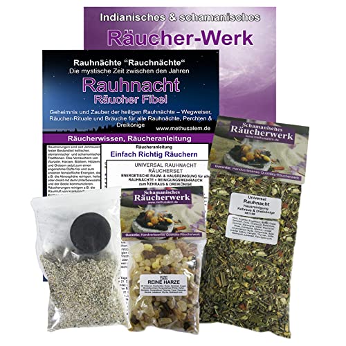 Rauhnächte räuchern 7-TLG UNIVERSAL Rauhnacht Räucherset mit RÄUCHERWERK + KRÄUTER + HARZE + WEIHRAUCH + MYRRHE, Räucheranleitung, Zubehör, Rauhnacht-Fibel UVM. 81188RZE von Naturheilmittel Heilsteine Methusalem GmbH Neu-Ulm