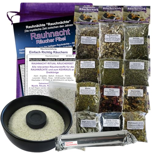 RAUHNÄCHTE Räuchern & Ausräuchern 19-TLG Ritualset 12x Räucherwerk für Jede Rauhnacht mit SAGE + WEIHRAUCH + MYRRHE + Styrax UVM. 7X ZUBEHÖR mit RÄUCHERSCHALE & Rauhnacht-Fibel. 81900-16S von Naturheilmittel Heilsteine Methusalem GmbH Neu-Ulm