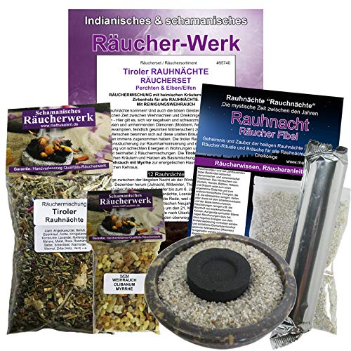 RAUHNÄCHTE Räucherwerk Tiroler RAUHNACHT zum räuchern + WEIHRAUCH + Zirbe 20-Kräuter, MYRRHE, Salbei UVM. 8-TLG Räucherset mit Räucherschale + ZUBEHÖR für 12 Nächte & DREIKÖNIGE. 95740-B von Naturheilmittel Heilsteine Methusalem GmbH Neu-Ulm