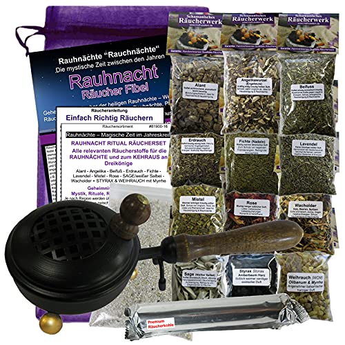 Naturheilmittel Heilsteine Methusalem GmbH Neu-Ulm Räucherset zum räuchern mit Räuchergefäß, Räucherzubehör, Rauhnachtfibel, Salbei, Weihrauch, Myrrhe, Styrax uvm. [12x Räucherwerk]. 81900-16ST/3165G von Naturheilmittel Heilsteine Methusalem GmbH Neu-Ulm