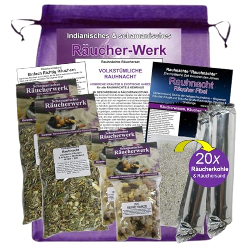 Naturheilmittel Heilsteine Methusalem GmbH Neu-Ulm - Rauhnacht-Räucherset 10-tlg mit Harze [WEIHRAUCH, MYRRHE], heimische KRÄUTER. 4x Räuchermischungen. 6x Zubehör, Rauhnachtfibel, Täschchen von Mcties